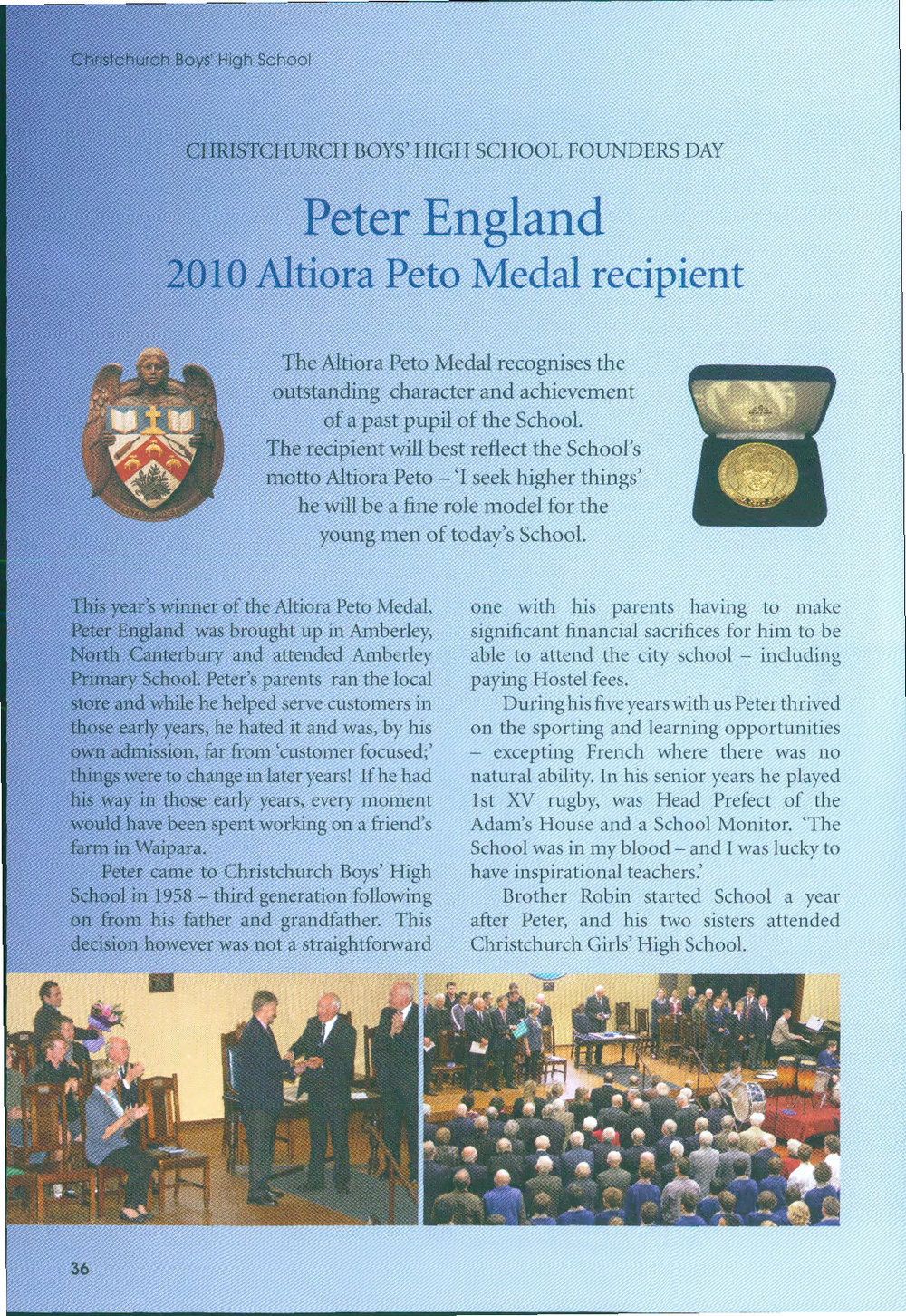 England, Peter - Altiora Peto Medal Article 2010 Magazine
