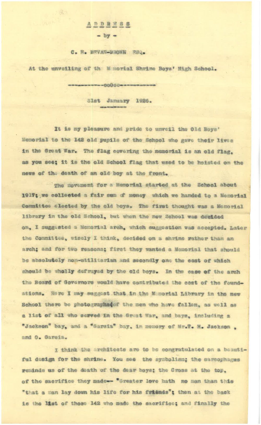 Address given by Bevan-Brown at the unveiling of the Memorial Shrine