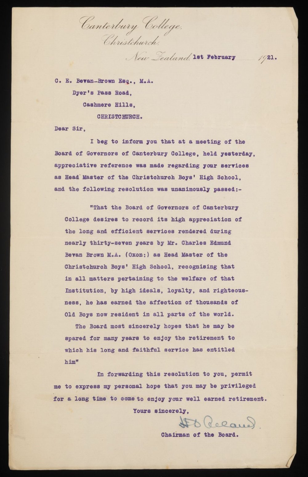 Bevan-Brown Resignation Acknowledgement