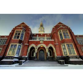 School steps looking up towards the sky (snow pic)